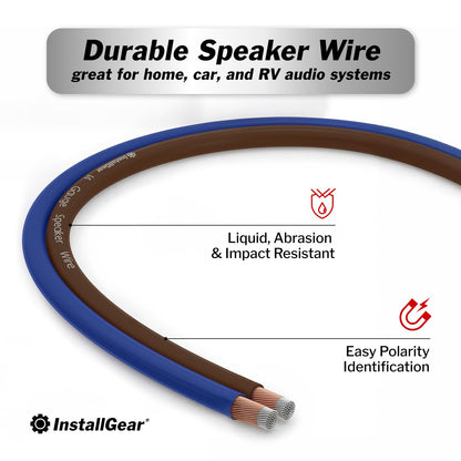 100ft 14 Gauge Speaker Wire with 12 Banana Plugs - Copper Clad Aluminum for Superior Audio Quality - Ideal for Car Audio and Home Theater Installation with Blue and Black Jacket