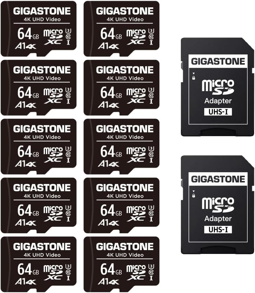 64GB Micro SD Card Pack of 10, A1 V30 for 4K Video Recording, Ideal for Surveillance, Security Cameras, Action Cameras, and Drones, 90MB/s Micro SDXC UHS-I Class 10