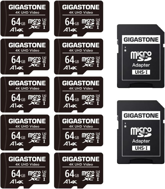 64GB Micro SD Card Pack of 10, A1 V30 for 4K Video Recording, Ideal for Surveillance, Security Cameras, Action Cameras, and Drones, 90MB/s Micro SDXC UHS-I Class 10