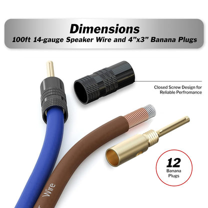 100ft 14 Gauge Speaker Wire with 12 Banana Plugs - Copper Clad Aluminum for Superior Audio Quality - Ideal for Car Audio and Home Theater Installation with Blue and Black Jacket