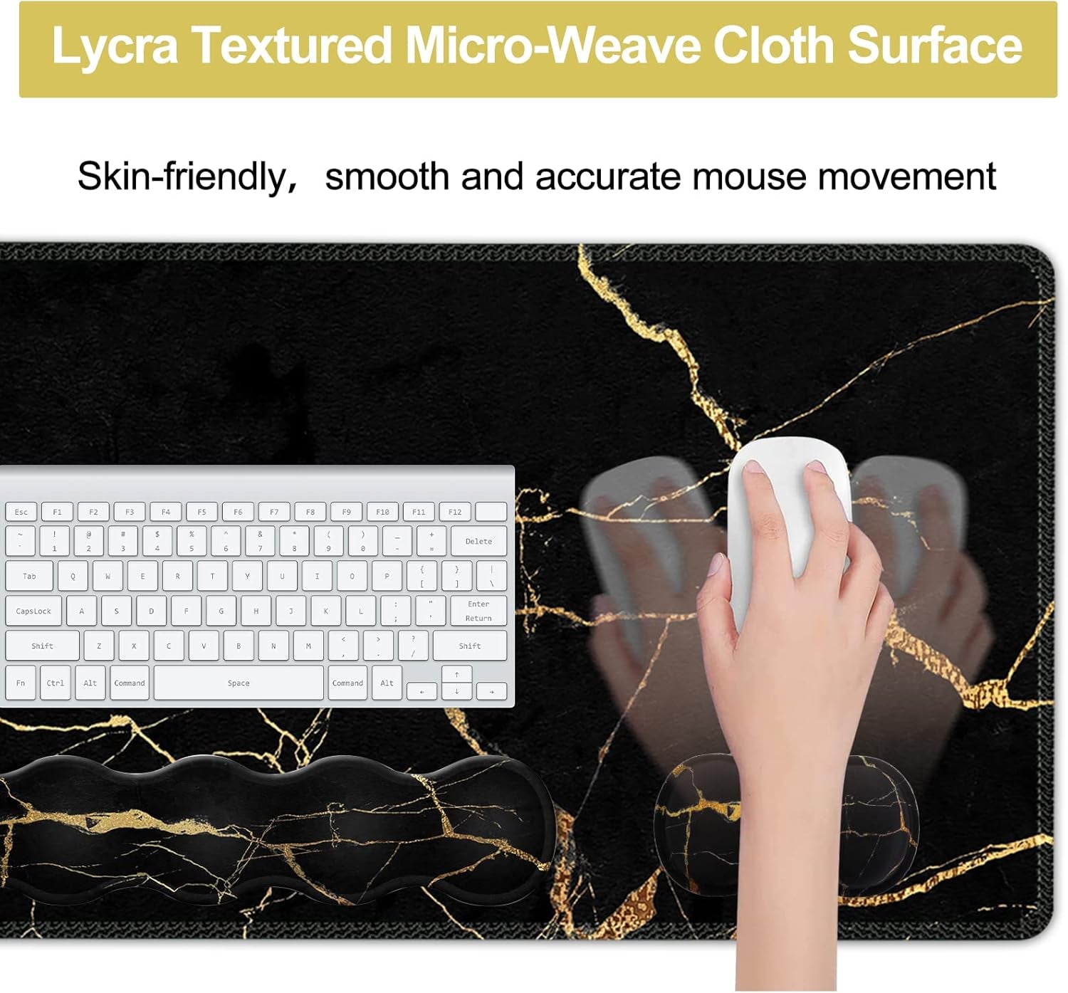 Large Gaming Mouse Pad Set with Keyboard Wrist Rest, Mouse Pad with Wrist Support, and Coaster - Ergonomic Desk Mat for Home Office, Black Gold Marble, 35.4 x 15.7 inches