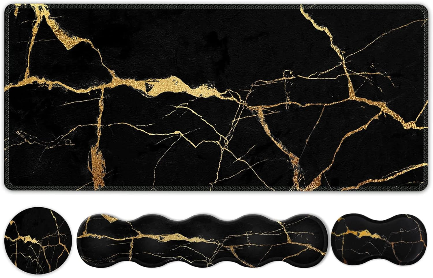 Large Gaming Mouse Pad Set with Keyboard Wrist Rest, Mouse Pad with Wrist Support, and Coaster - Ergonomic Desk Mat for Home Office, Black Gold Marble, 35.4 x 15.7 inches