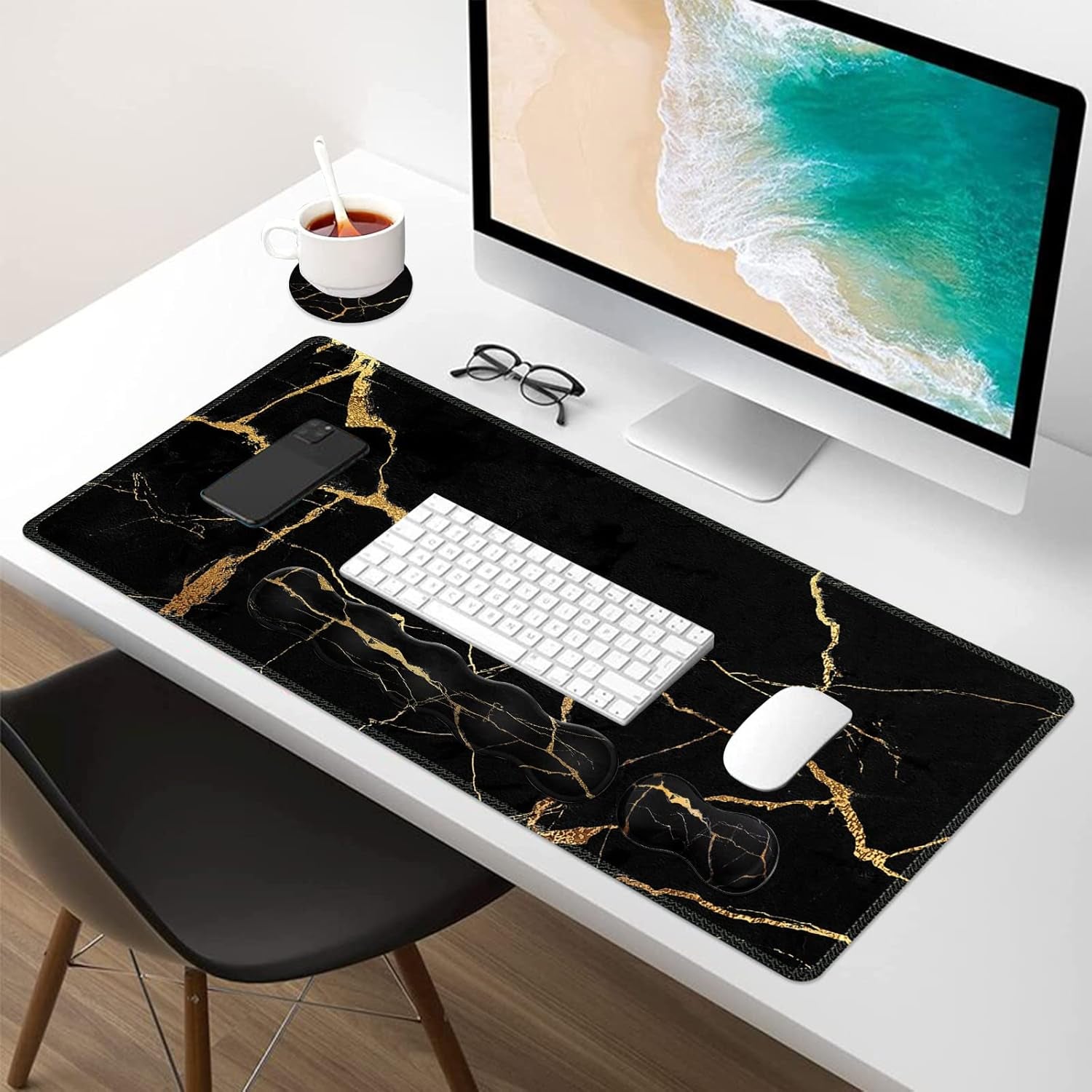 Large Gaming Mouse Pad Set with Keyboard Wrist Rest, Mouse Pad with Wrist Support, and Coaster - Ergonomic Desk Mat for Home Office, Black Gold Marble, 35.4 x 15.7 inches