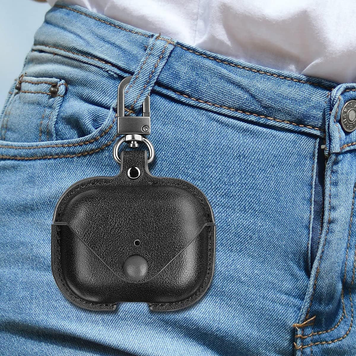Genuine Leather Protective Case for AirPods Pro (2nd/1st Gen) - Compatible with Wireless Charging Case, Includes Keychain and Snap Lock, Black