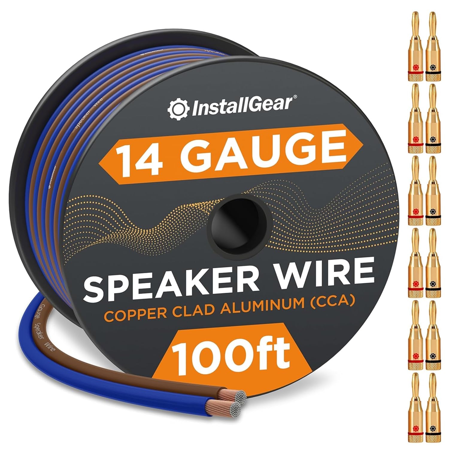 100ft 14 Gauge Speaker Wire with 12 Banana Plugs - Copper Clad Aluminum for Superior Audio Quality - Ideal for Car Audio and Home Theater Installation with Blue and Black Jacket