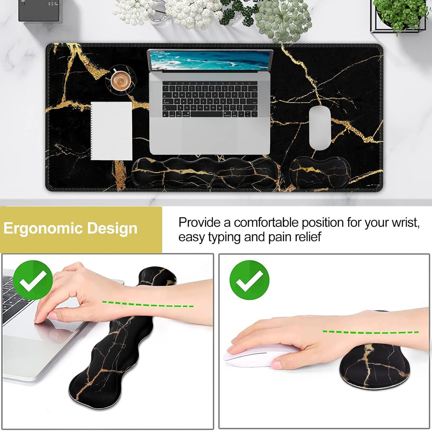 Large Gaming Mouse Pad Set with Keyboard Wrist Rest, Mouse Pad with Wrist Support, and Coaster - Ergonomic Desk Mat for Home Office, Black Gold Marble, 35.4 x 15.7 inches