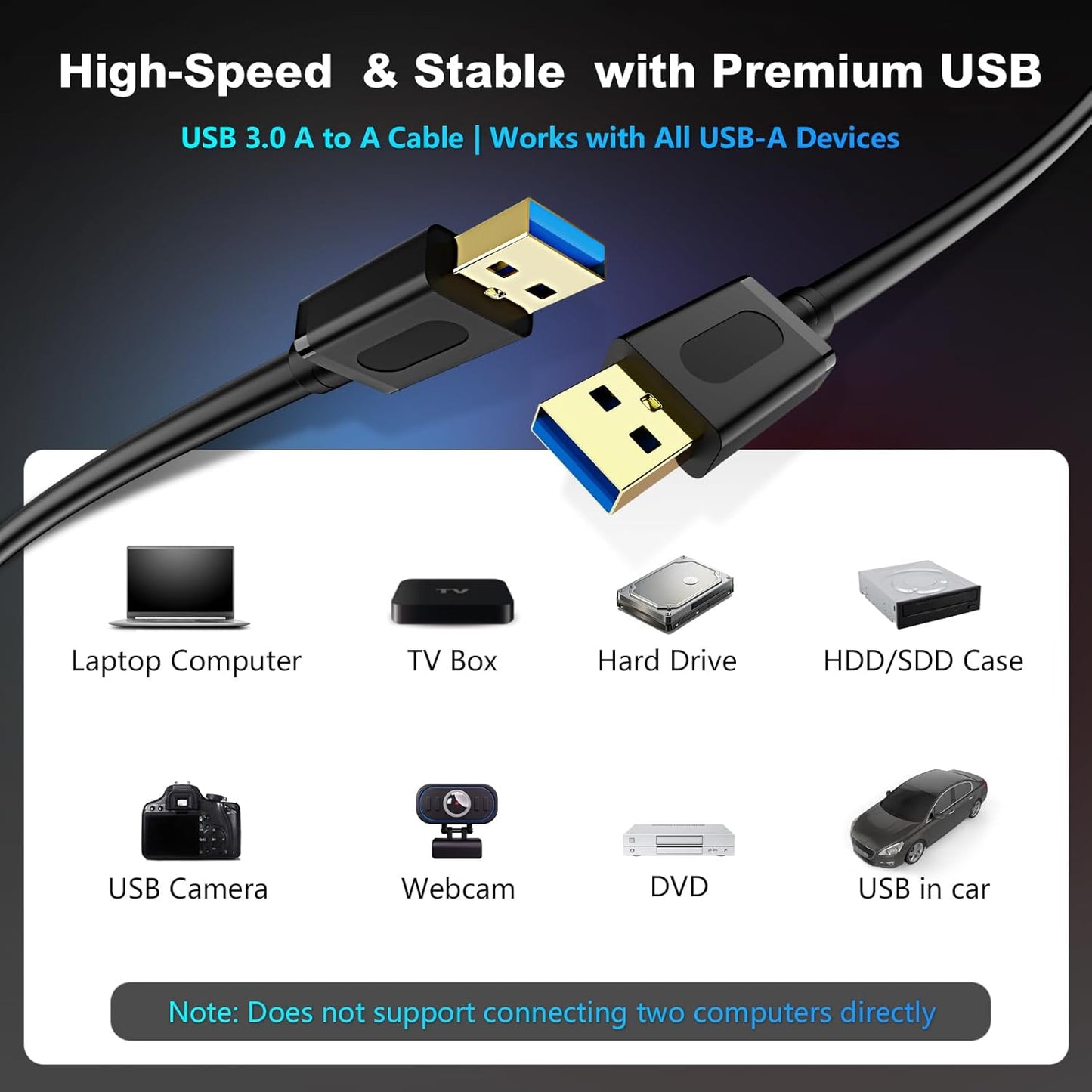 USB 3.0 Male to Male Cable, 6ft (1.8m) with Gold-Plated Connectors for Hard Drive Enclosures, DVD Players, and Laptop Coolers