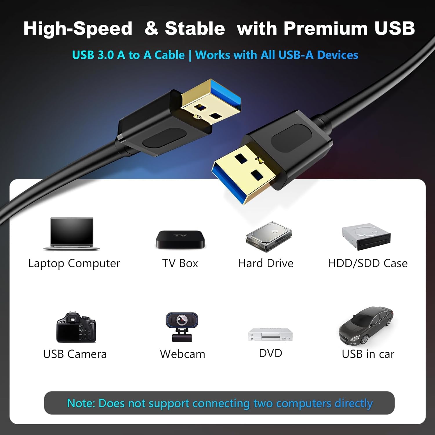 USB 3.0 Male to Male Cable, 6ft (1.8m) with Gold-Plated Connectors for Hard Drive Enclosures, DVD Players, and Laptop Coolers