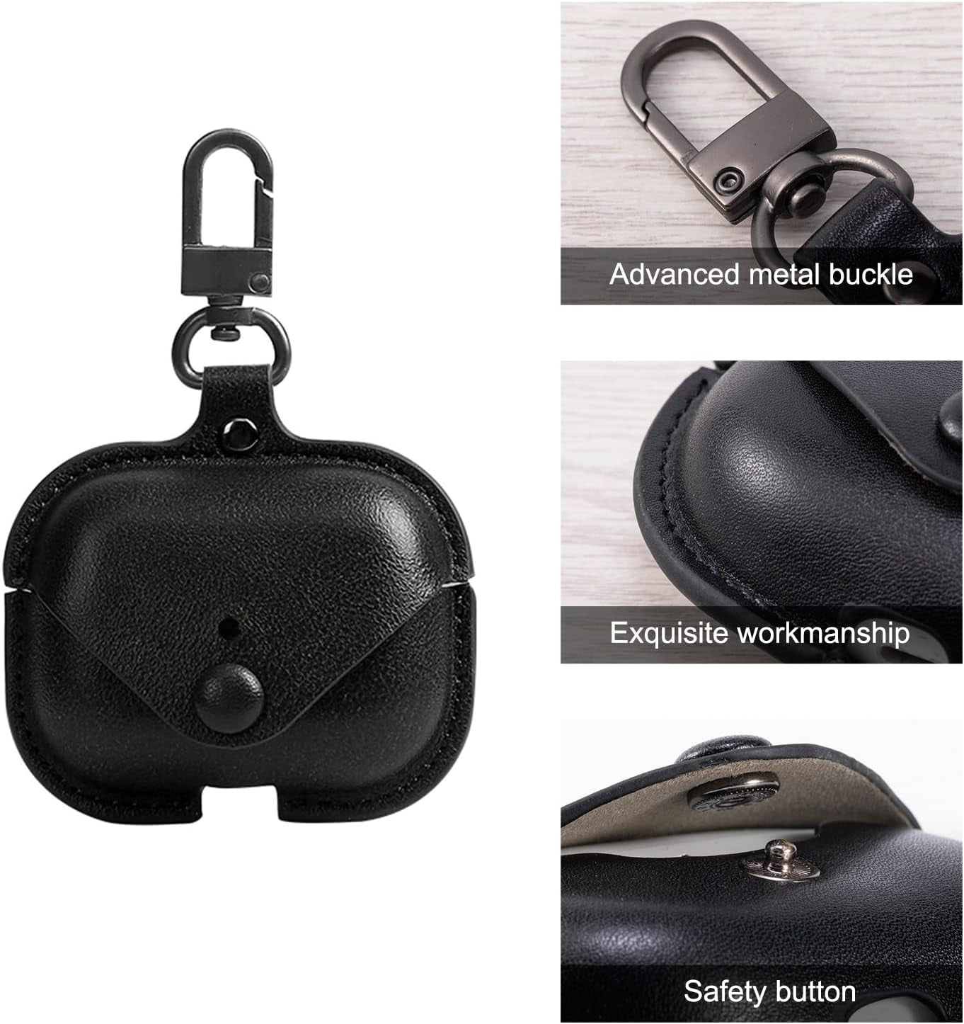 Genuine Leather Protective Case for AirPods Pro (2nd/1st Gen) - Compatible with Wireless Charging Case, Includes Keychain and Snap Lock, Black