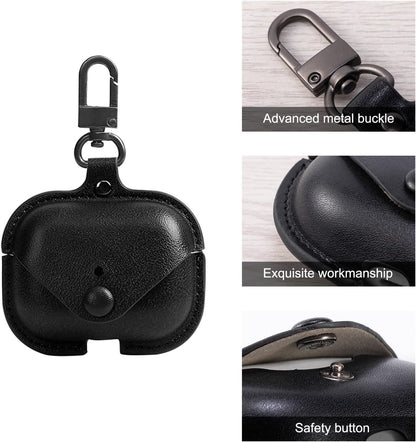 Genuine Leather Protective Case for AirPods Pro (2nd/1st Gen) - Compatible with Wireless Charging Case, Includes Keychain and Snap Lock, Black